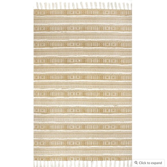 100% Cotton Greek Frieze Stripes Area Rug - 5x8 Tan & Ivory Tassels and Texture - Picture 3 of 9